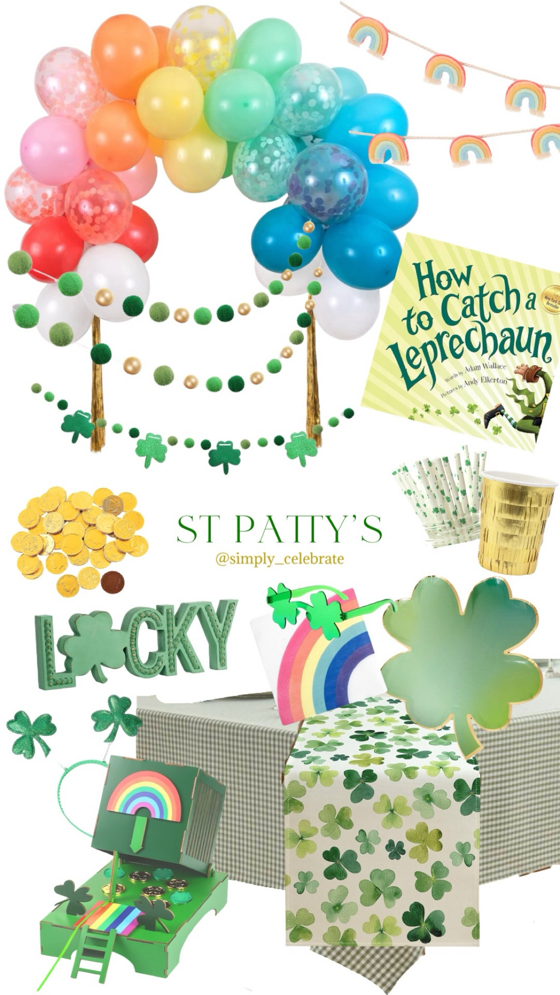 St Pattys party design featuring shamrock plates, rainbow balloons, a reusable gingham tablecloth, and more seasonal elements for the luckiest day! 🍀🌈✨

#LTKSeasonal #LTKparties
