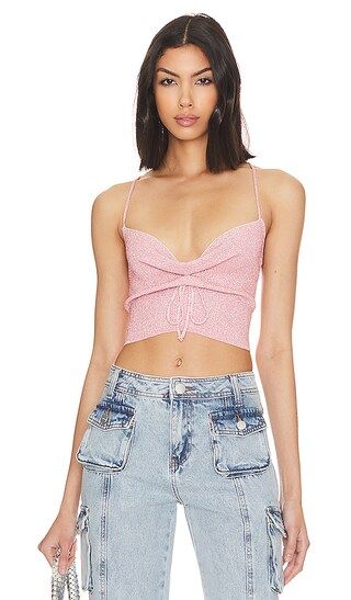 Bryndis Lace Up Top in Pink Metallic | Revolve Clothing (Global)