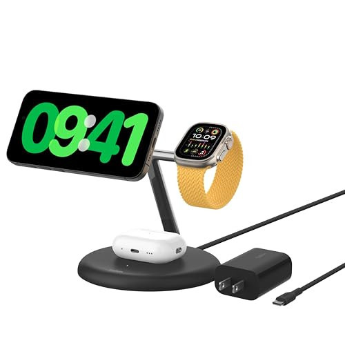 Belkin MagSafe-Compatible 3-in-1 Wireless Charger Stand 15W - Qi2-Certified Wireless Charging Station, Fast Charging of iPhone 16, AirPods, & Apple Watch - 36W Included - Black | Amazon (US)