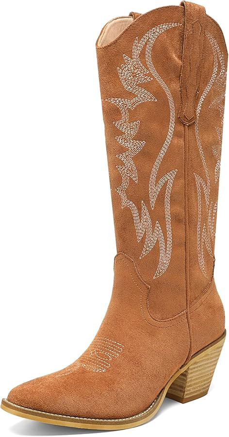 Suede Embroidered Cowboy Boots for Women Stacked Chunky Heel Cowgirl Boots Wide Calf Pull On West... | Amazon (US)