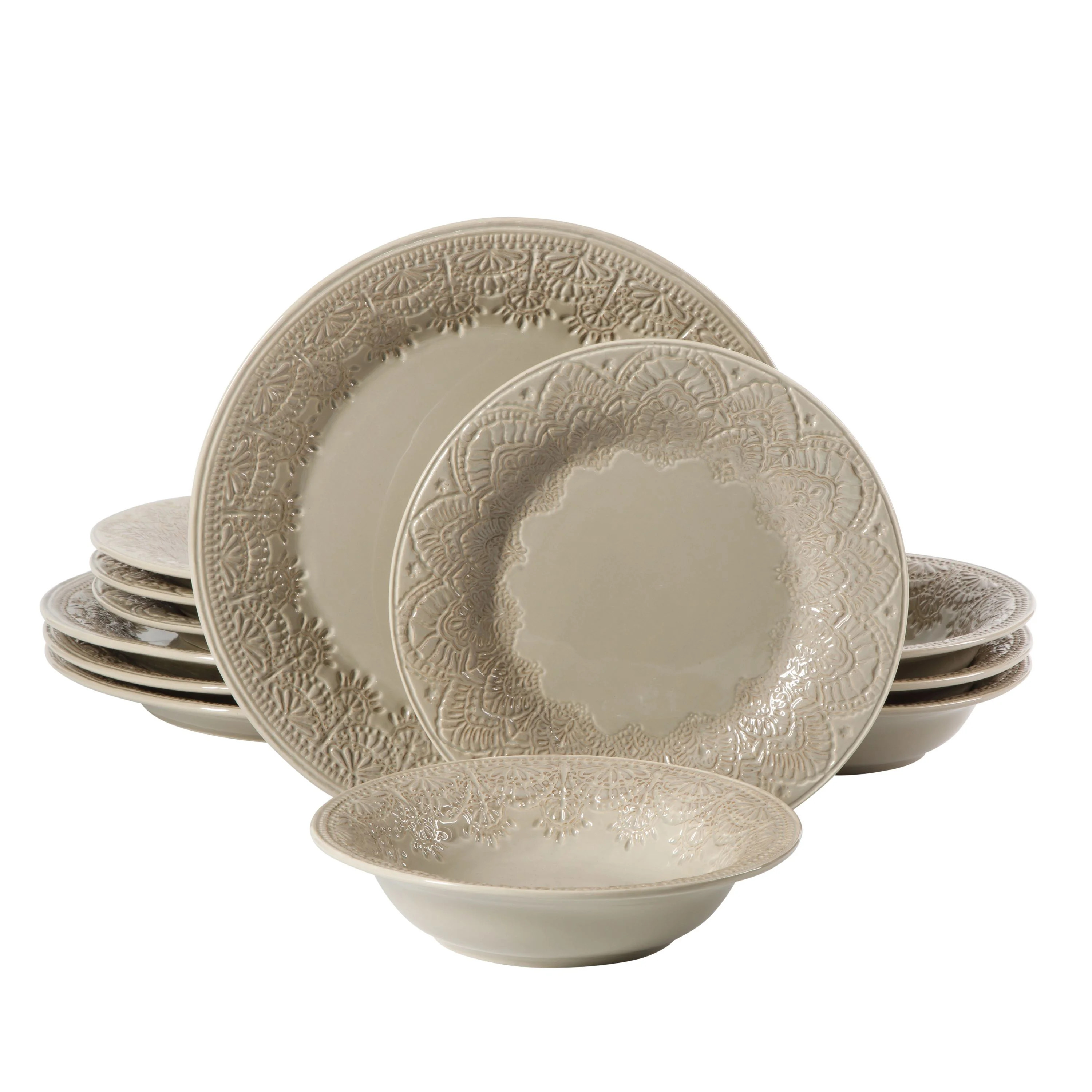 The Pioneer Woman Vintage Lace 12-Piece Ceramic Dinnerware Set, Taupe | Walmart (US)