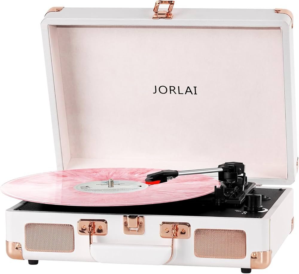 White Stylish Record Player 3-Speed Portable Suitcase Turntable with Bluetooth, 3.5mm Audio Jack ... | Amazon (US)
