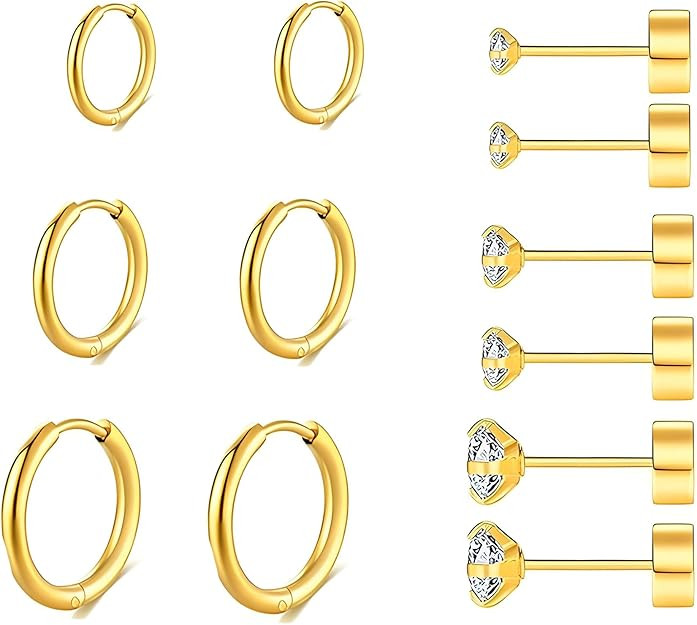 316L Surgical Stainless Steel Gold Hoop Earrings Flat Back Stud Earrings Set Huggie Hypoallergeni... | Amazon (US)