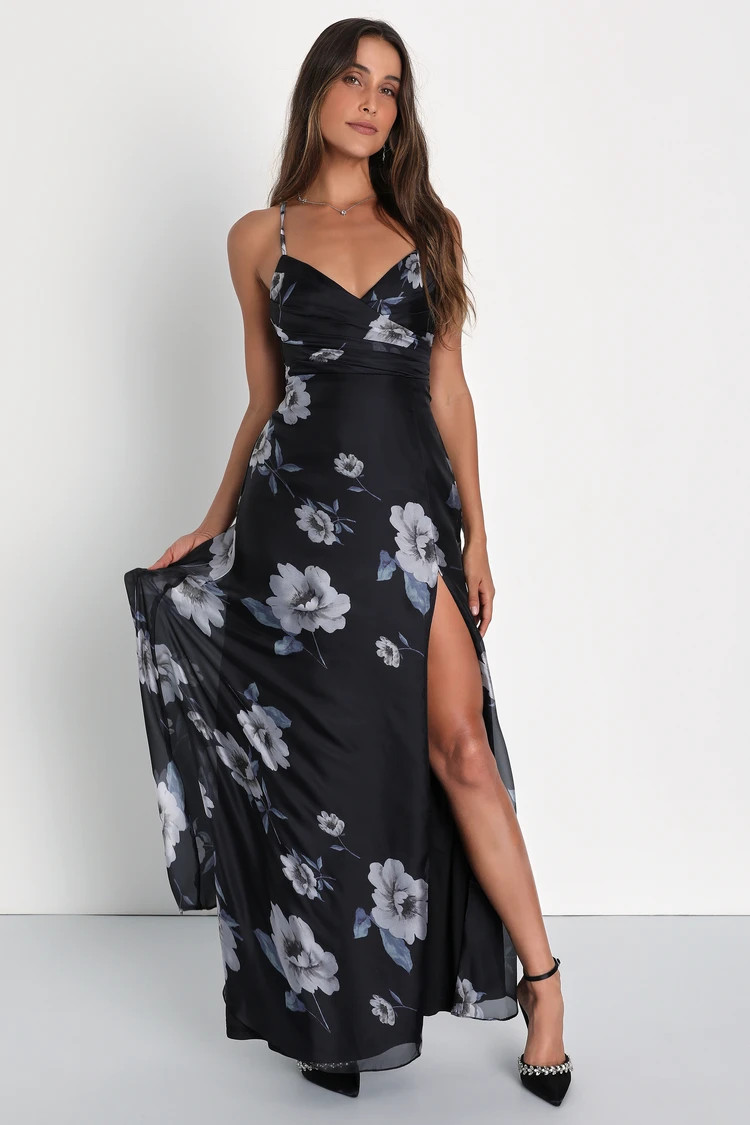 Alluring Blossoms Black Floral Surplice Backless Maxi Dress | Lulus (US)