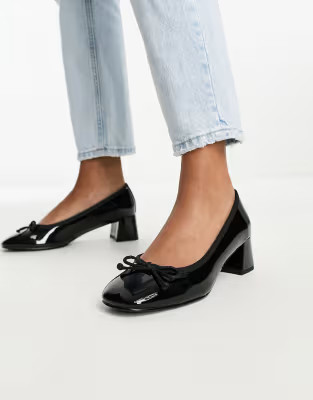 ASOS DESIGN Steffie bow detail mid block heeled shoes in black | ASOS | ASOS (Global)
