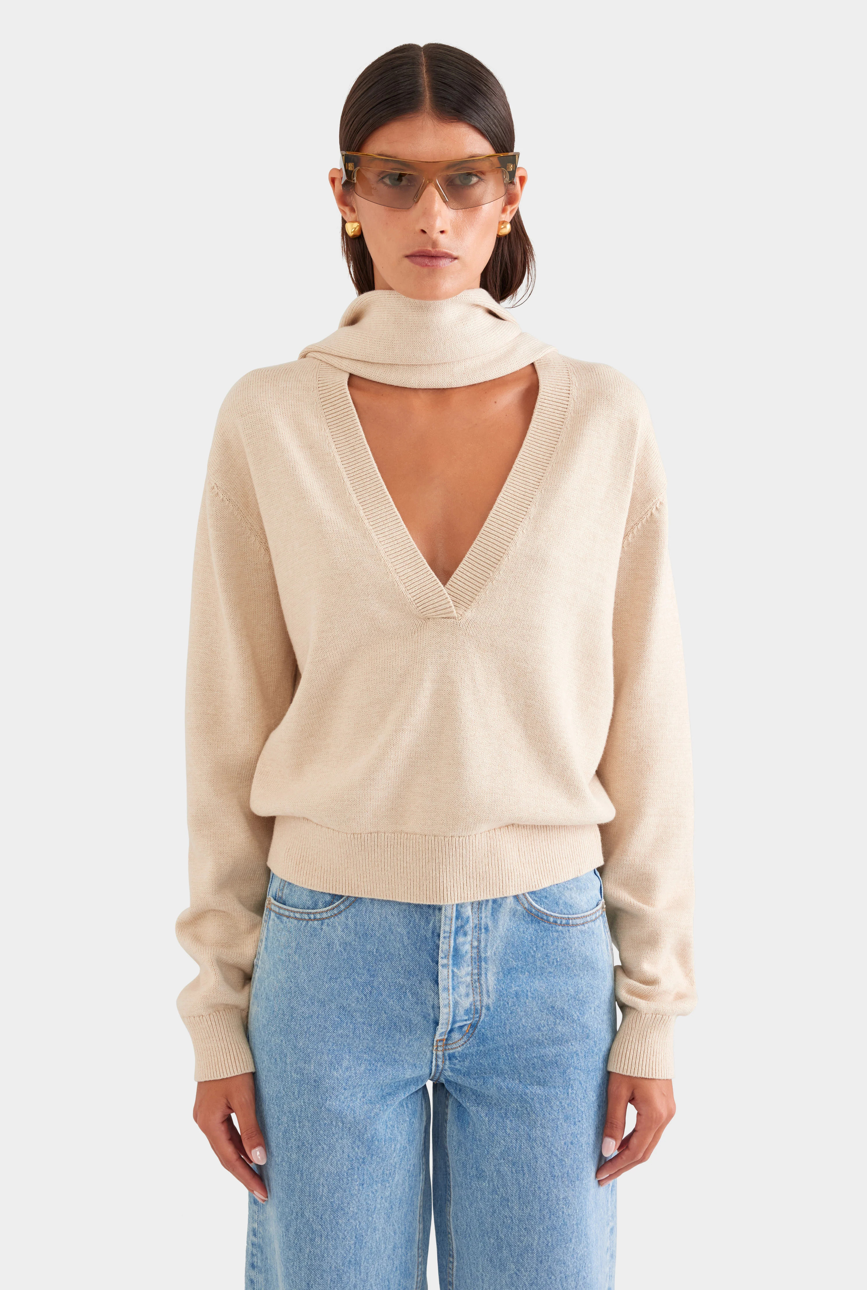 Cotton Cashmere Scarf V Neck Sweater Oat | Venroy | Venroy AU