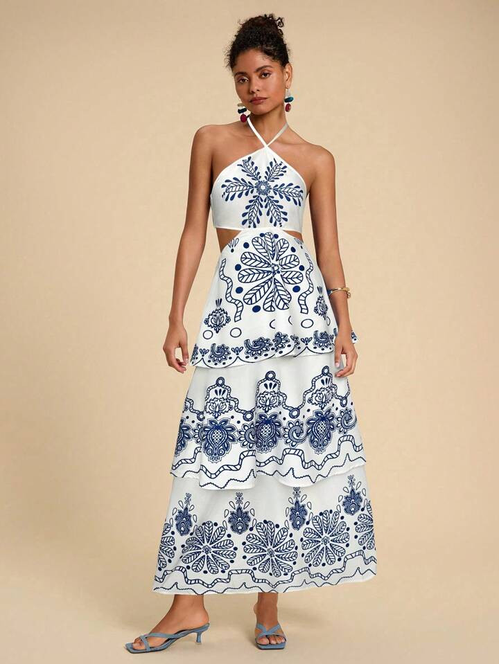 Travachic Holiday Blue Floral Print Backless Dress With Halter Neck | SHEIN