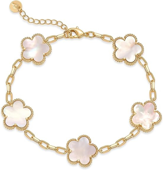 PAVOI 14K Gold Plated Clover Bracelets for Women - Flower Four Leaf Clover Bracelet - Mother of P... | Amazon (US)