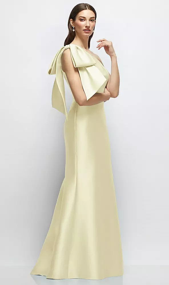 Bow One-Shoulder Satin Maxi Dress with Trumpet Skirt in Butter Yellow | Dessy Group