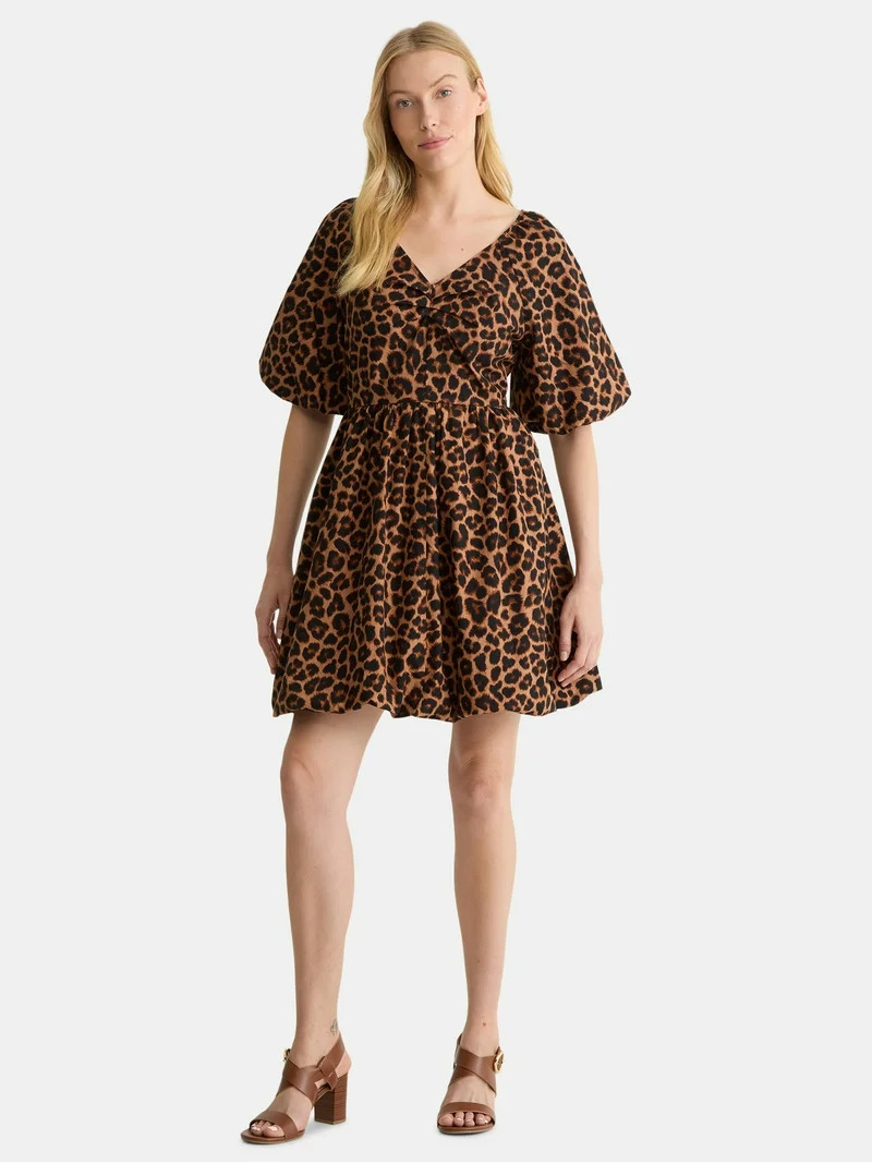 Time and Tru Women's and Women's Plus Cotton Bubble Hem Mini Dress with Puff Sleeves, Sizes XS-4X | Walmart (US)