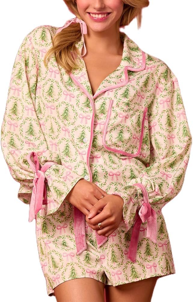 Women Cute Christmas Pajamas 2 Piece Lounge Set Long Sleeve Shirts and Shorts Y2k Pajama Sets Sle... | Amazon (US)