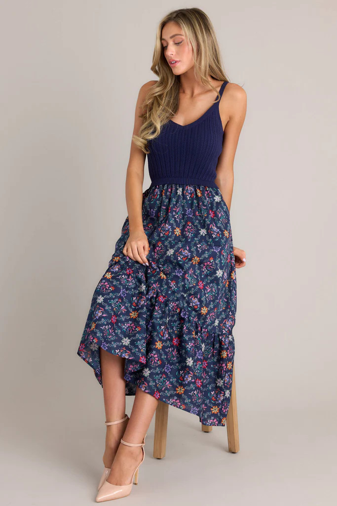 Meadow Mist Navy Floral Print Sweater Maxi Dress | Red Dress