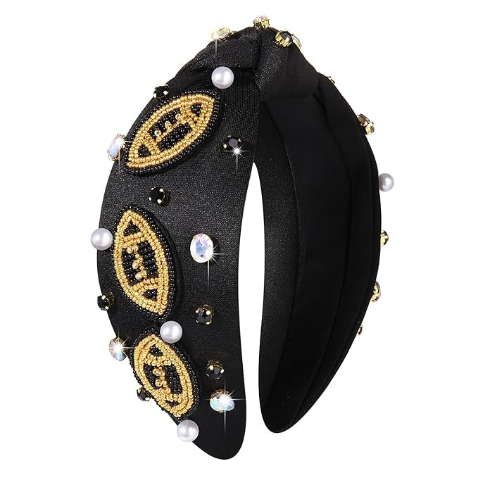 Football Knotted Headbands for Women Game Day Sports Headband Pearl Crystal Bejeweled Wide Top Kn... | Amazon (US)