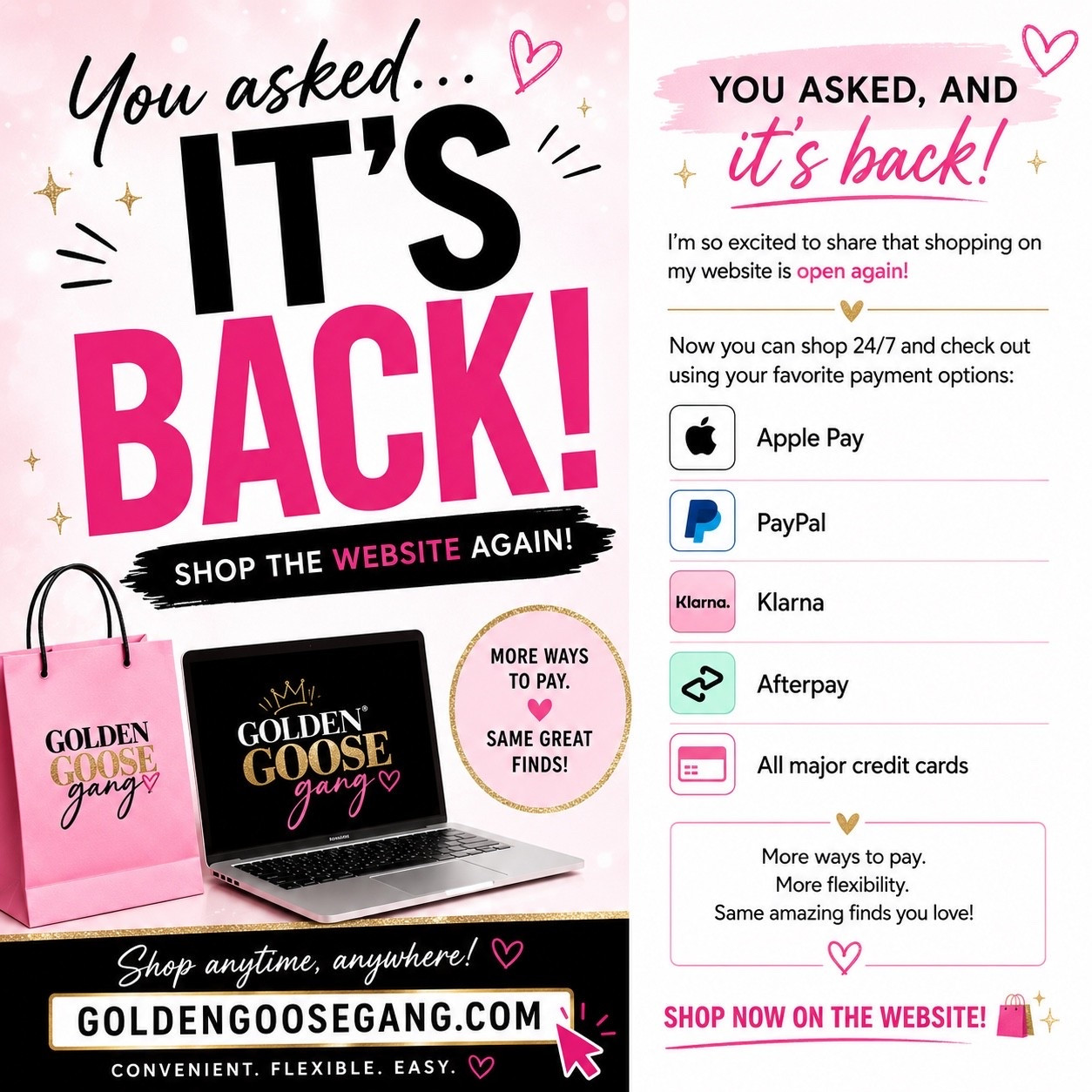 * You asked... and it's BACK! It
After so many requests, my website is officially open again!
Now you can shop your favorite finds 24/7 with multiple payment options, including:
a Klarna
Afterpay
PayPal
Apple Pay
All major credit cards
Whether you're looking for Golden Goose, designer finds, or something special you've had your eye on, shopping is now easier than ever.
Shop anytime, anywhere:
GoldenGooseGang.com

Thank you all for your support!

#GoldenGooseGang #GoldenGoose #DesignerShoes
#Luxury #onlineshop

#LTKSaleAlert #LTKWorkwear #LTKSeasonal