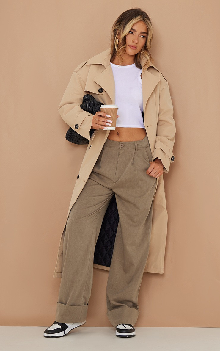 Dark Khaki Woven Oversized Turn Up Hem Straight Leg Pants | PrettyLittleThing US