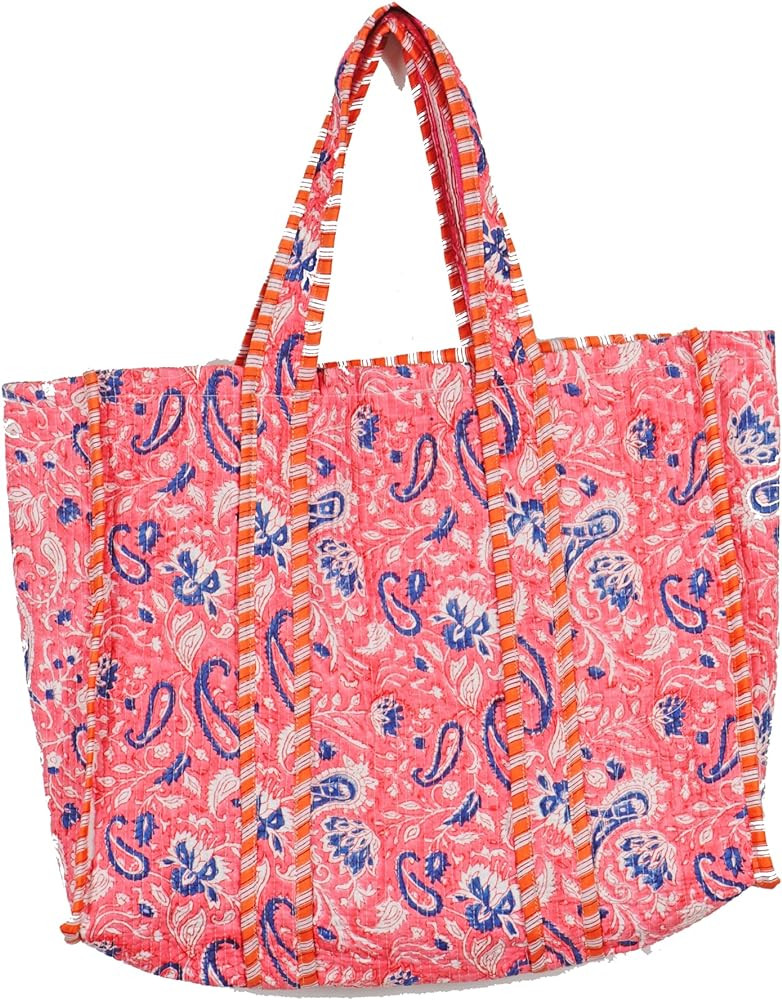 Quilted Cotton Handprinted Reversible Large multicolor Floral Tote Bag | Amazon (US)