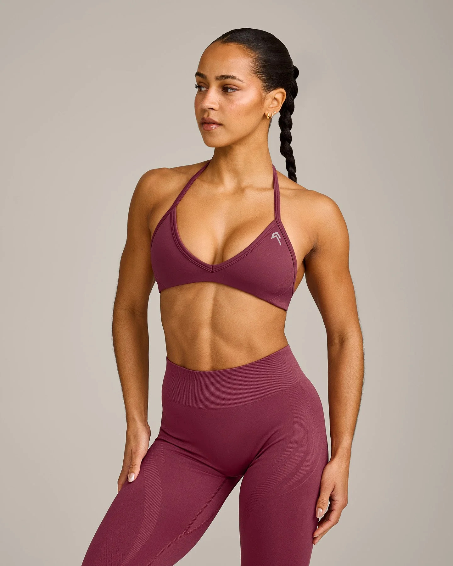 EnhanceLift™ Seamless Minimal Halter Neck Bralette with Gray Logo 
 Burnt Maroon | Oner Active (UK / US)
