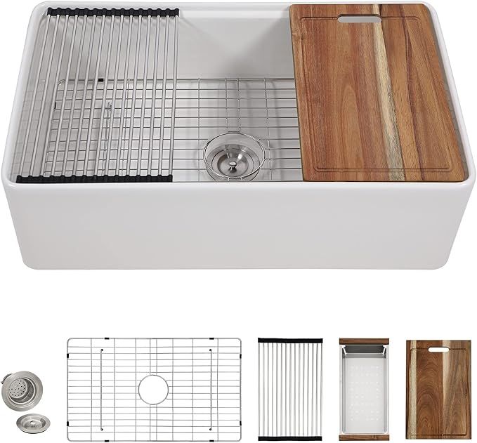 33 White Farm Sink Workstation - Fulorni 33 Inch Farmhouse Kitchen Sink with Slide Ledge Flat Apr... | Amazon (US)