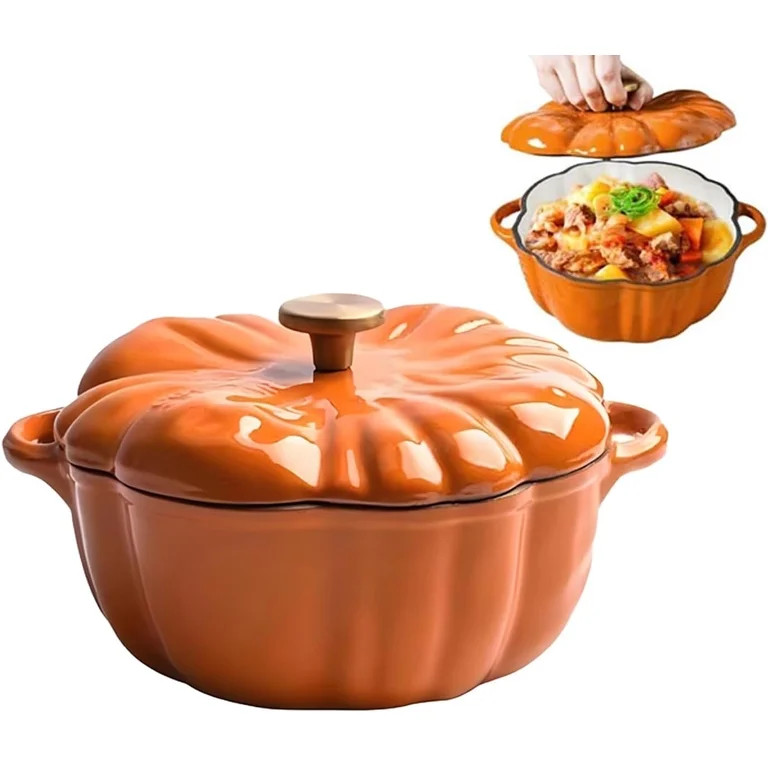 Enameled Cast Iron Dutch Oven with Lid, 4\u2011Quart Pumpkin\u2011Shaped Orange Casserole Pot, Se... | Walmart (US)