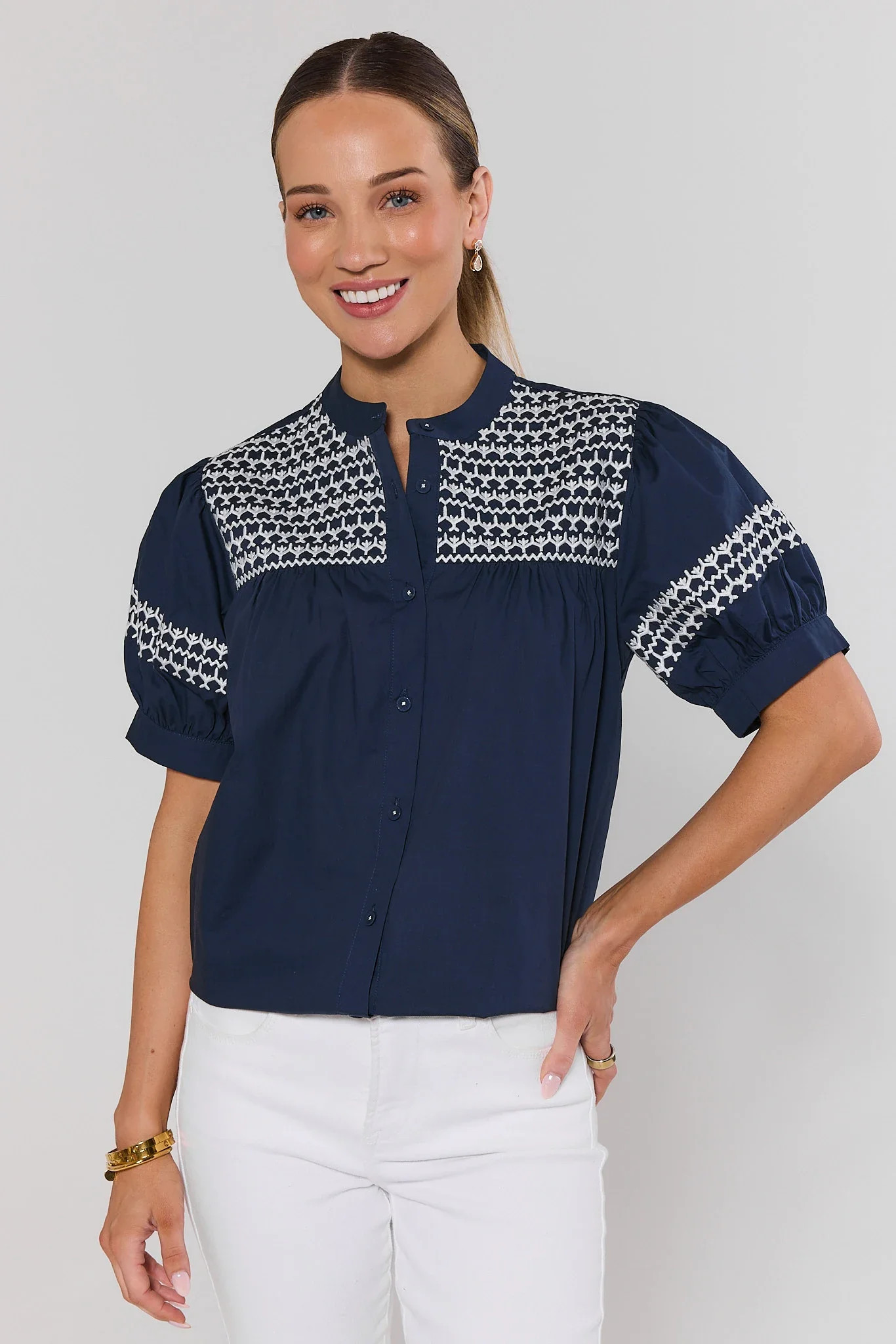 Trudy Navy and White Embroidered Top | Avara