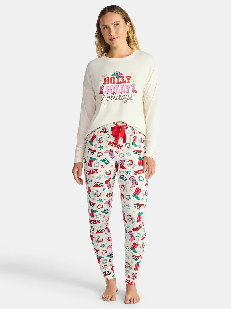 Jaclyn Women's and Women's Plus Holiday Graphic Sleep Tee and Jogger Pants Pajama Set, 2-Piece, S... | Walmart (US)
