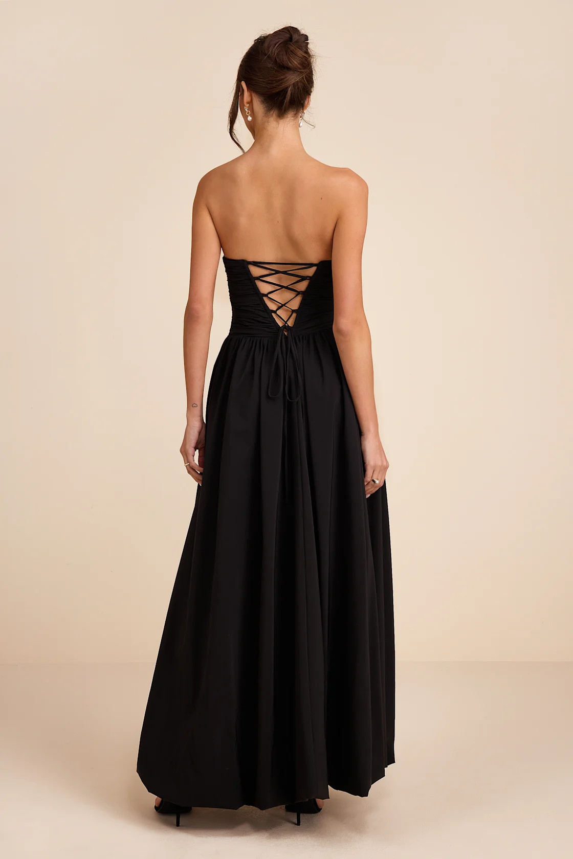 Marilou Black Strapless Ruched Lace-Up Maxi Dress | Lulus