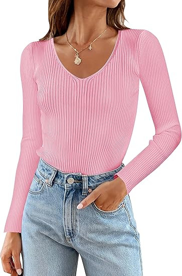 ZESICA Women's 2024 Fall Long Sleeve V Neck T Shirts Ribbed Knit Sweater Slim Fit Solid Basic Cas... | Amazon (US)