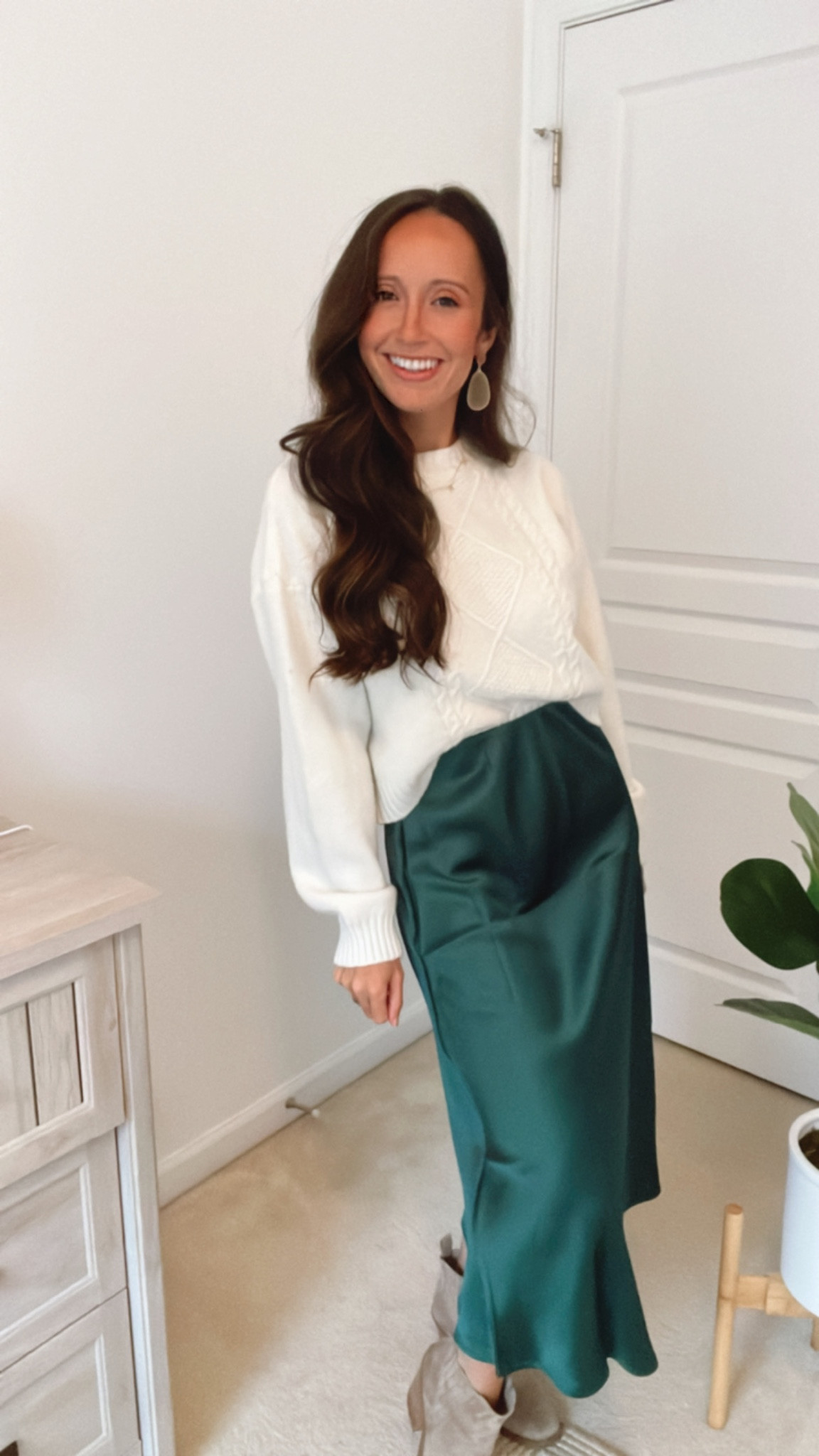 Casual Holiday outfit
Christmas outfit 
Red Bow top
Holiday party
Christmas party
Green midi skirt
Cropped sweater

#LTKSeasonal #LTKfindsunder50 #LTKHoliday