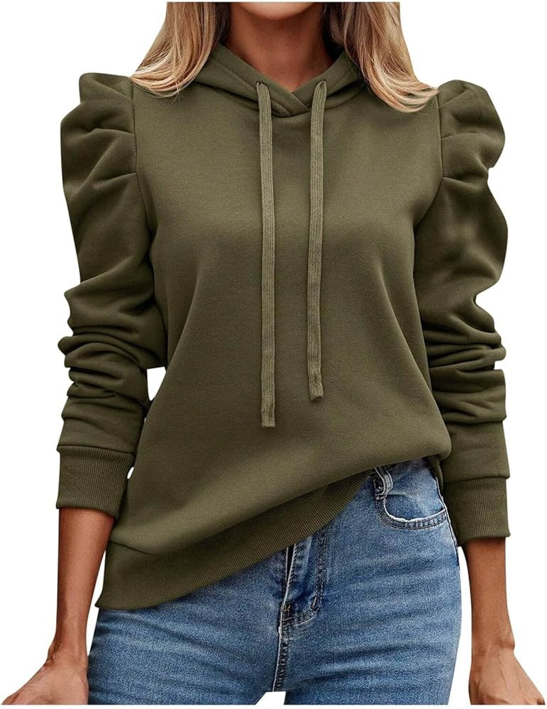 Women's Casual Puff Long Sleeve Hoodie Lightweight Pullover Tops Solid Loose Sweatshirt Fall Outf... | Amazon (US)