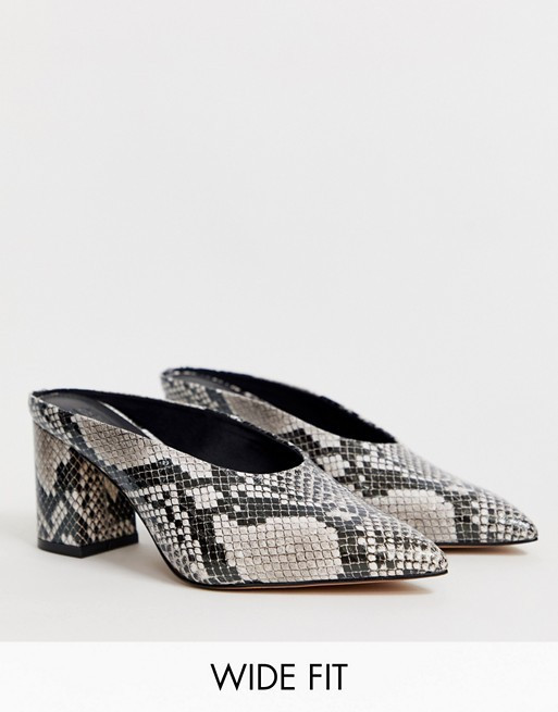 ASOS DESIGN Wide Fit Wesley kitten heel mules in snake | ASOS US
