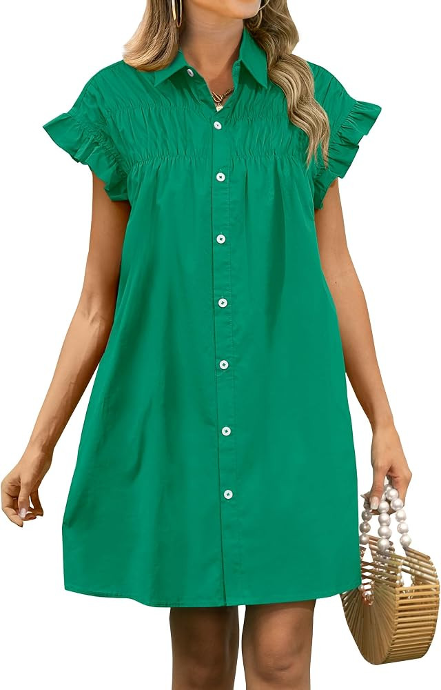 ANRABESS Womens Summer Button Down Shirt Dress Ruffle Short Sleeve Mini Dresses Loose Fit Casual ... | Amazon (US)