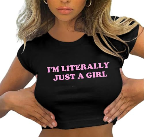 Avanova Women I'm JUST A Girl Graphic Baby Tees Shirt Short Sleeve Crewneck Crop Top Black Q X-Small | Amazon (US)