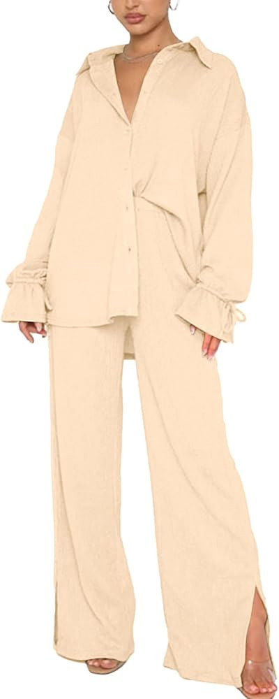 LYANER Women's 2 Piece Outfits Button Down Long Sleeve Shirt and Wide Leg Pants Set | Amazon (US)