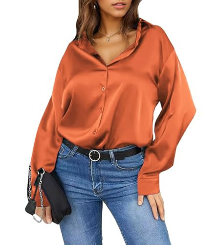 Damipow Satin Silk Button Down Shirts for Women Dress Shirts Long Sleeve Blouses Womens Shirt,Orange,2XL | Amazon (US)