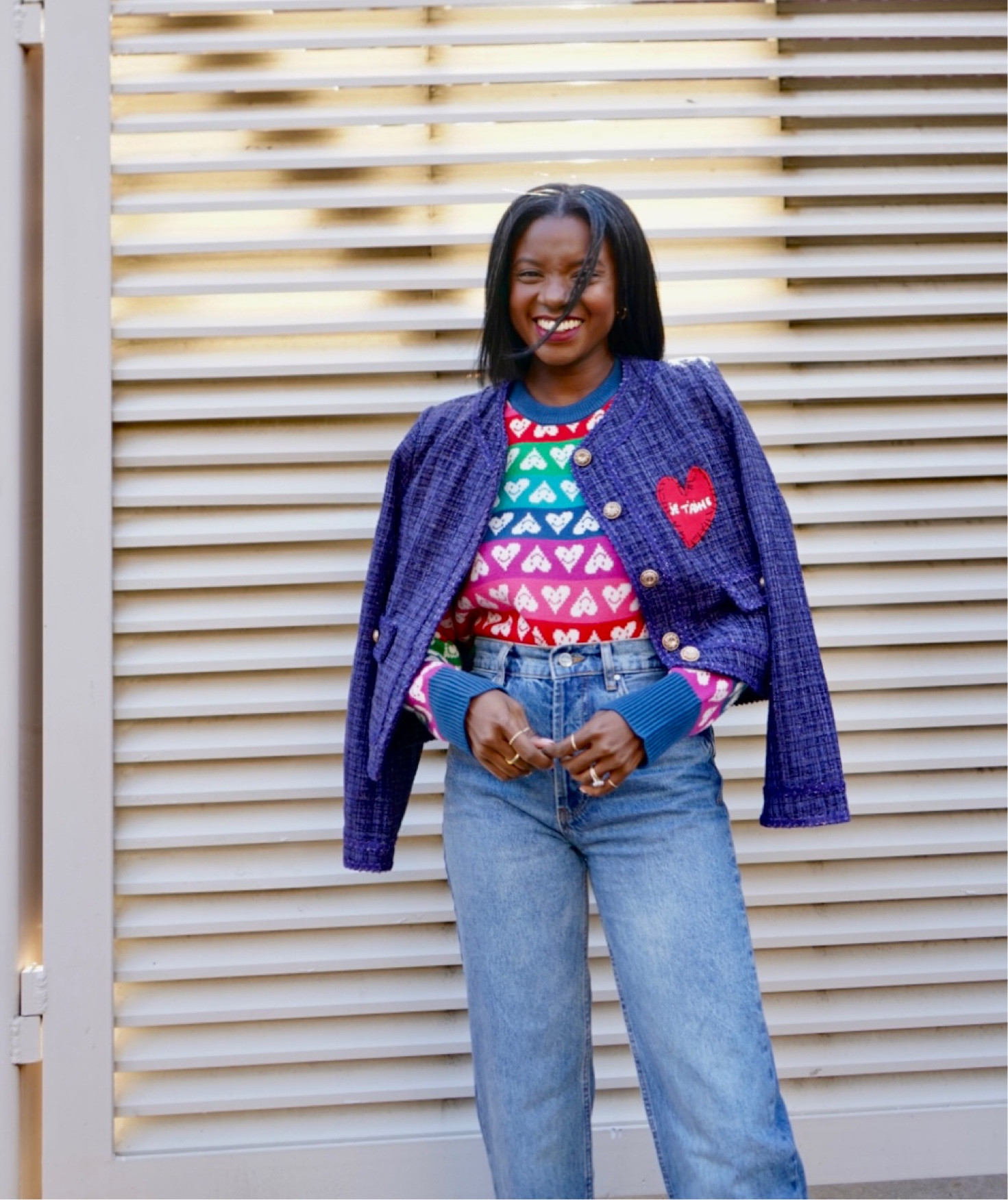 My favorite pieces from the Aqua x Keri Rosenthanl collab at Bloomingdale’s. Blue tweed jacket, and striped rainbow heart sweater. Great quality and colors! 

#LTKstyletip #LTKHoliday #LTKunder100