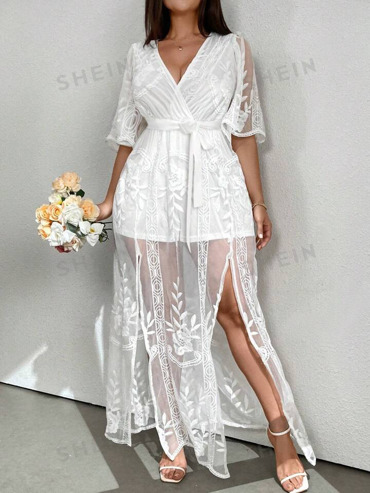 SHEIN Privé Plus Size Elegant Embroidered Mesh Dress With Slit, Summer | SHEIN USA | SHEIN