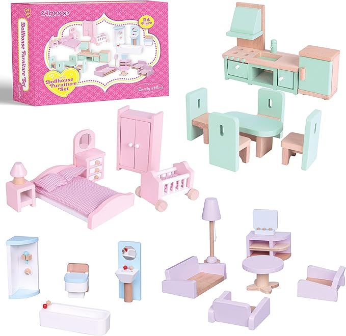 Beverly Hills Wooden Dollhouse Furniture Set Furnish The Kitchen, Living Room, Bedroom & Bathroom... | Amazon (US)