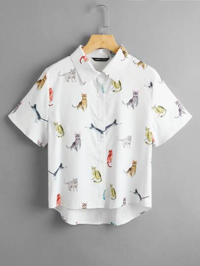 Cat Print High Low Hem Button Through Shirt
   SKU: swblouse23210302888      
          (1882 Rev... | SHEIN