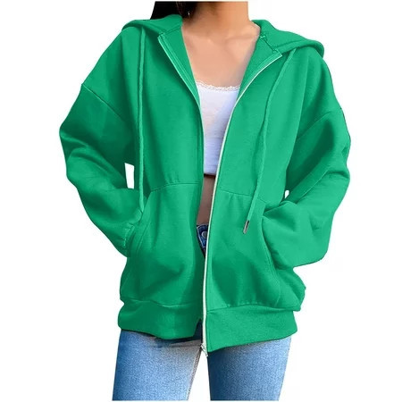 Green Sweatshirts for Women Zip Up Hoodies Oversized Solid Color Sweatshirt with Pocket Casual Long Sleeve Fall Jackets Fall Trendy Outfits | Walmart (US)