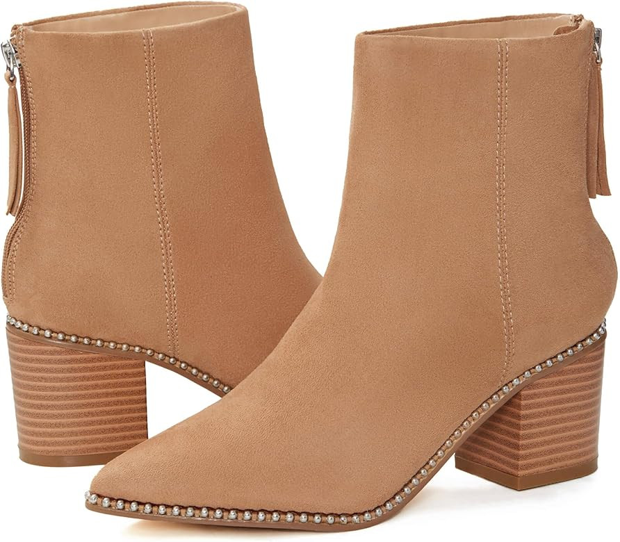 LAICIGO Women's Pointed Toe Ankle Boots Chunky Stacked Heel Back Zipper Faux Suede Winter Warm Bo... | Amazon (US)