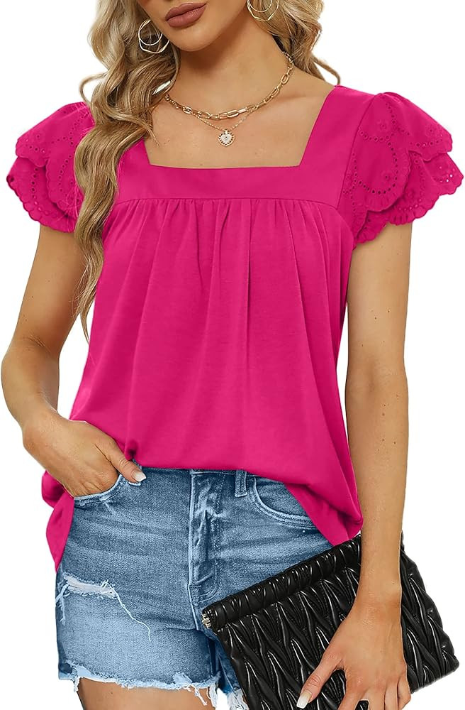 WIHOLL Shirts for Women Dressy Casual Square Neck Lace Short Sleeve Summer Tops | Amazon (US)