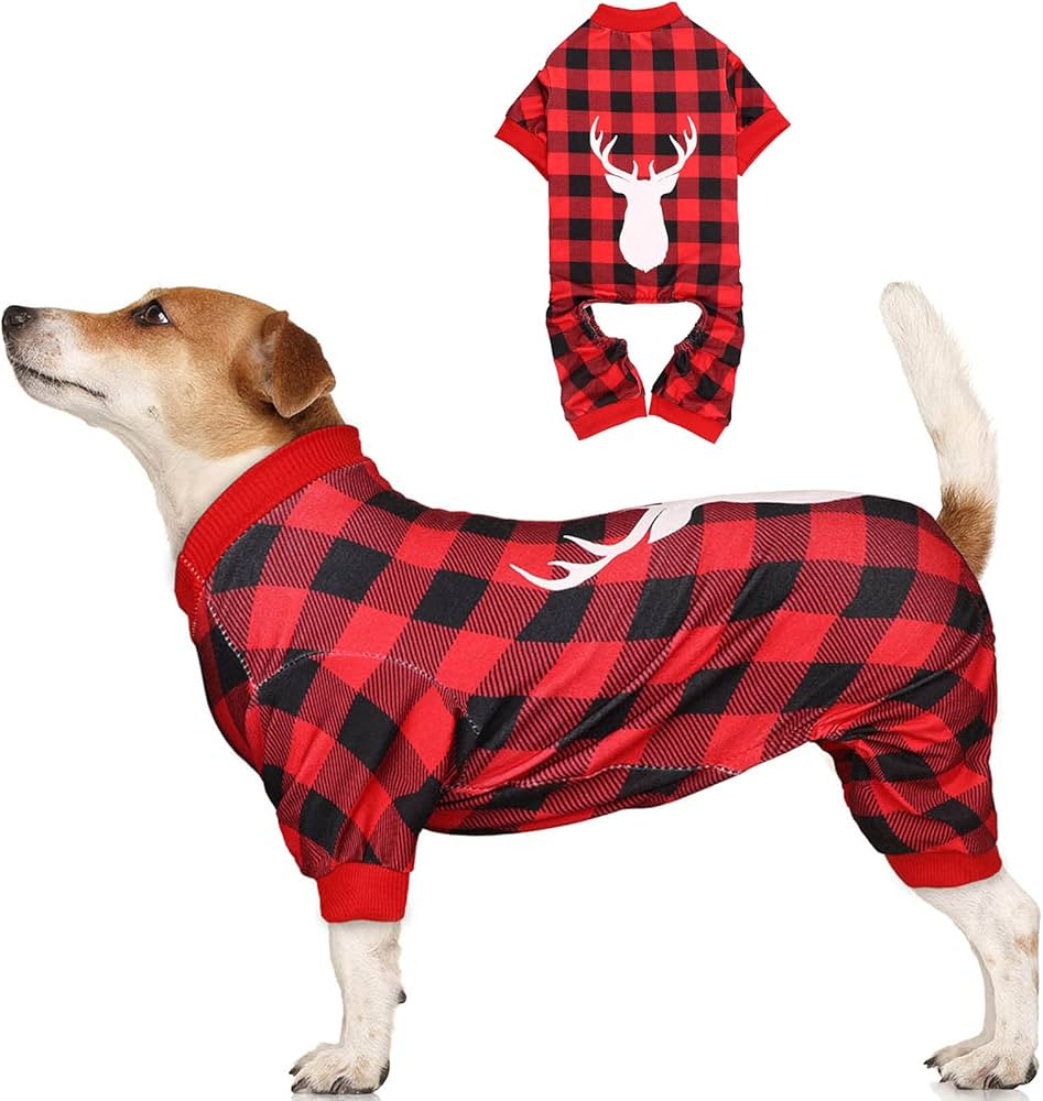 Dog Christmas Pajamas Buffalo Plaid with Reindeer Print Pet Onesie Pet Pjs Super Soft and Stretch... | Amazon (US)