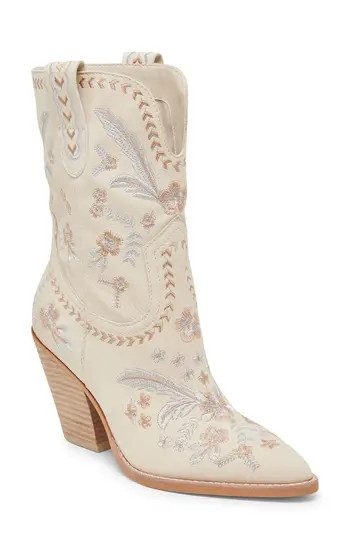 Dolce Vita Jessey Floral Pointed Toe Western Boot in Creme Nubuck at Nordstrom Rack, Size 8 | Nordstrom Rack
