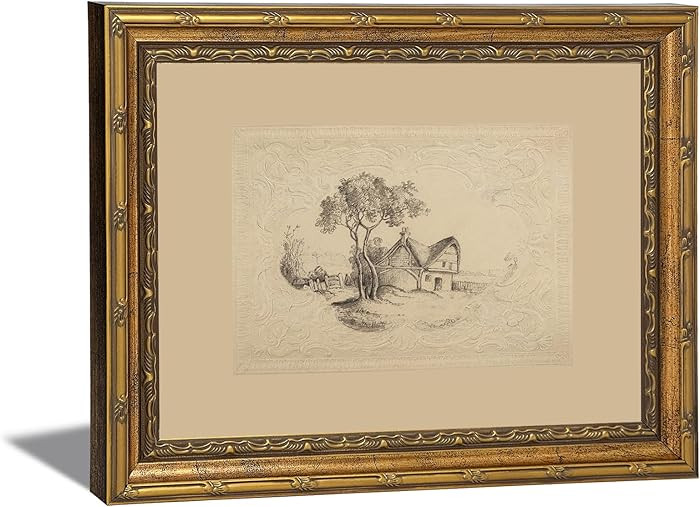 Gold Framed Canvas Wall Art Vintage Country Cottage Sketch Painting Rustic Thatched Farmhouse Tre... | Amazon (US)