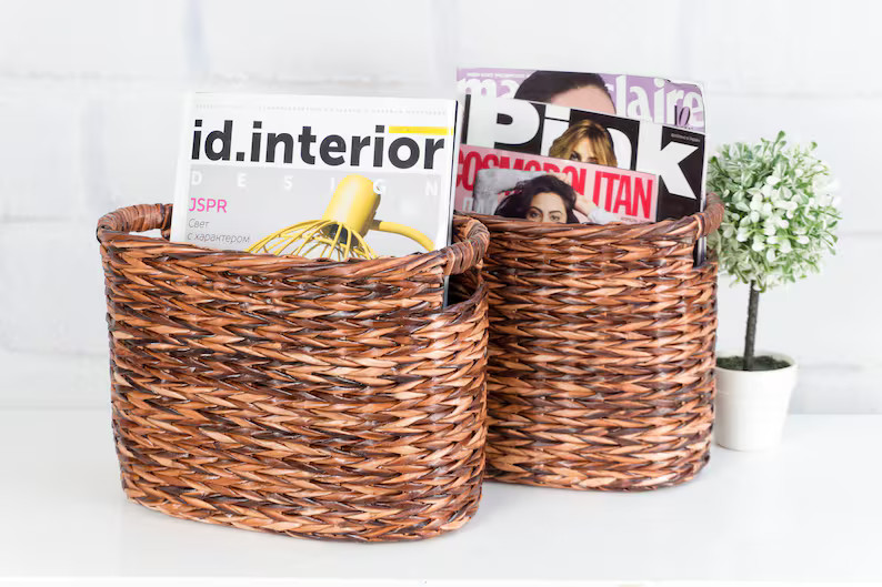 Magazine File Holder, Wicker Storage Basket Rack, Willow Basket for Shelves, Oval Newspaper Holde... | Etsy (US)