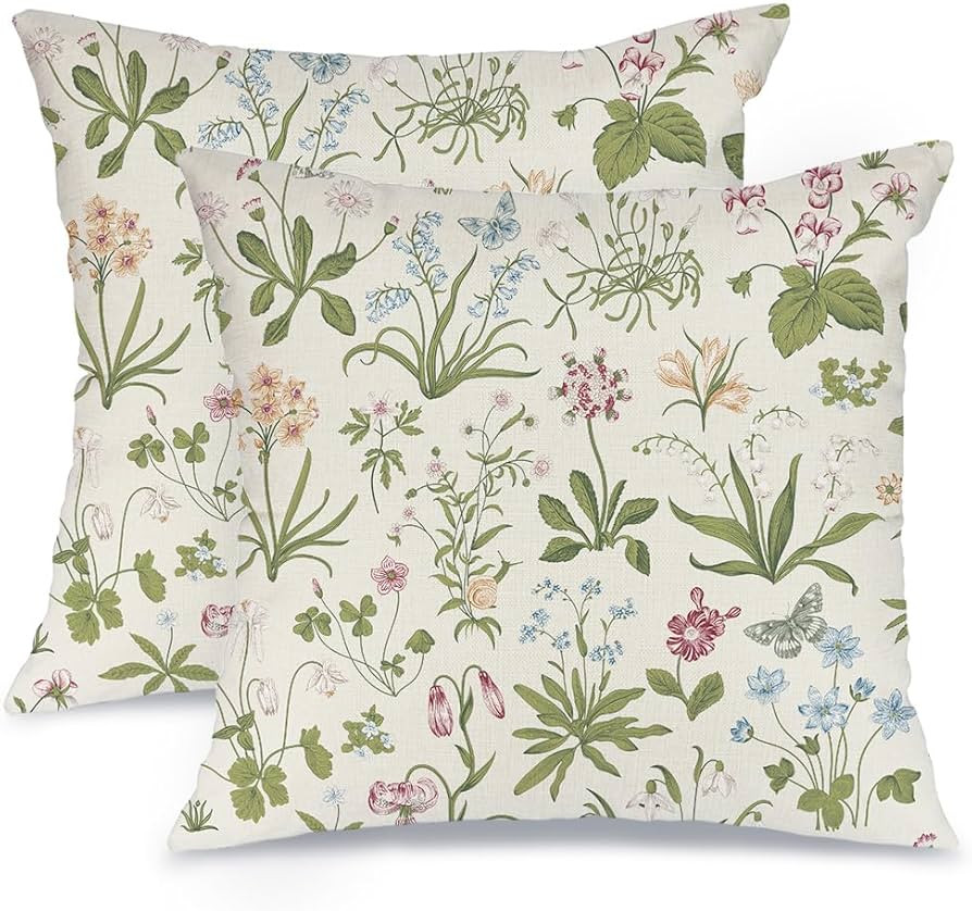 AACORS Spring Pillow Covers 18x18 Set of 2,Sage Green Wild Plant Butterfly Decor Seasonal Floral ... | Amazon (US)