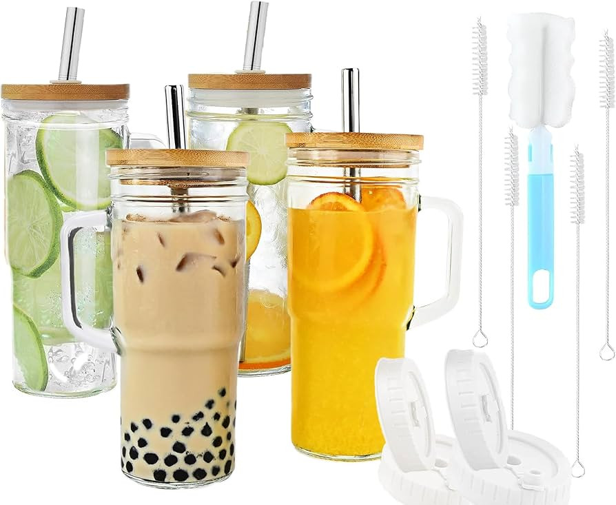 Glass Cups with Bamboo Lids and Straws,24oz Tumbler With Handle,4 Pack Mason Jar with Lid and Str... | Amazon (US)