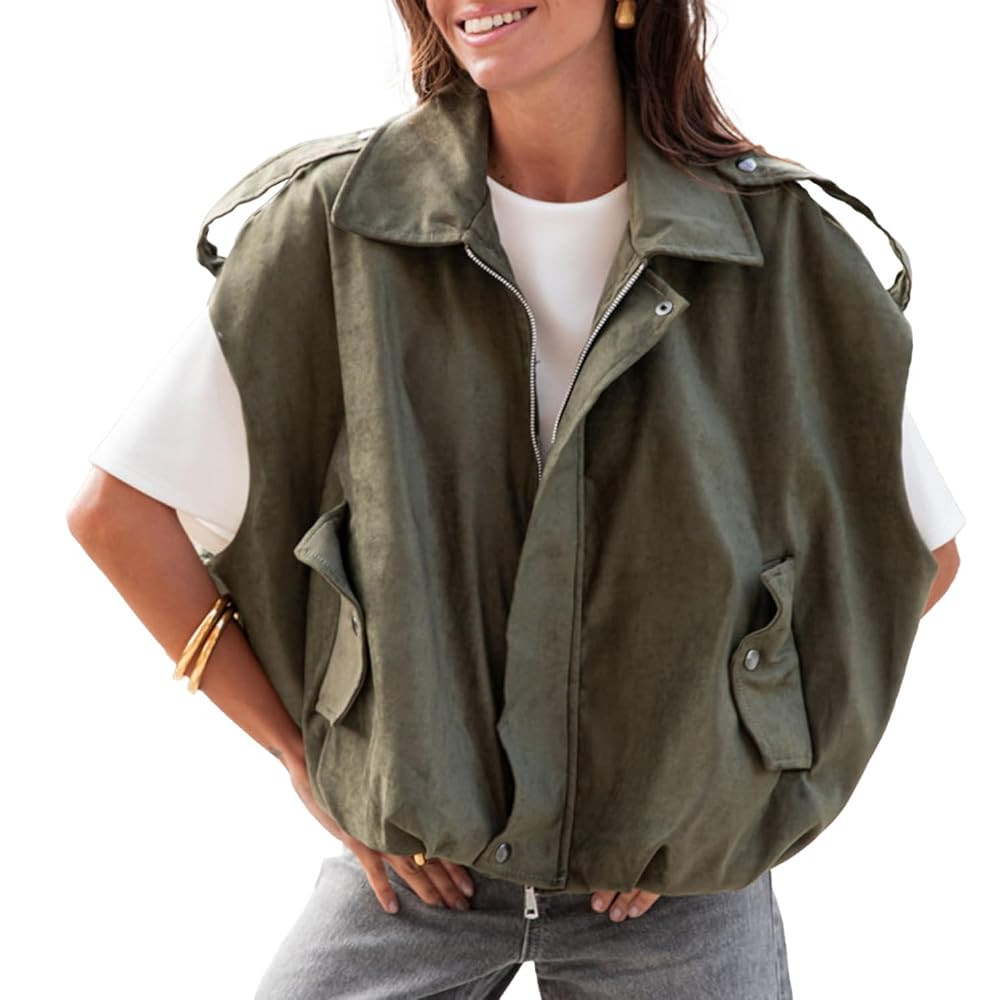 Womens Faux Suede Vest Oversized Cap Sleeve Bomber Jackets Casual Lapel Collar Vest Coats Streetw... | Amazon (US)