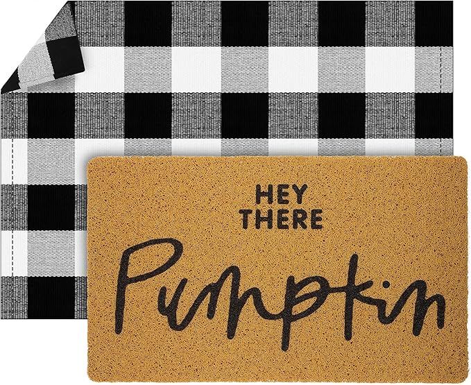 Fabbay 2 Pcs Fall Welcome Doormat Layered Buffalo Plaid Rug Halloween Coir Mats Pumpkin Rug for F... | Amazon (US)