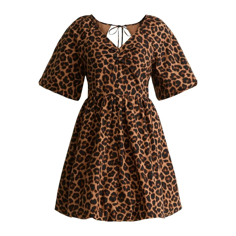 Time And Tru Women's Tie Back Cotton Mini Dress with Puff Sleeves, Sizes XS-XXXL | Walmart (US)